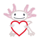 An applique design of an Axolotl holding a heart by snugglepuppyapplique.com