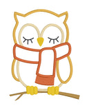 An applique design of a sleeping owl wearing a scarf in 6 sizes