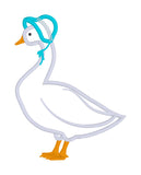 An applique design of a goose wearing a bonnet by snugglepuppyapplique.com