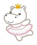 An applique design of a hippopotamus dancing in a tutu and crown by snugglepuppyapplique.com
