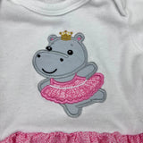 Applique of a hippo dancing with a tutu and crown by snugglepuppyapplique.com