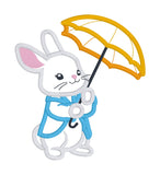 An applique embroidery design of a rabbit holding an open umbrella by snugglepuppyapplique.com