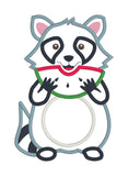An applique design of a cute Raccoon eating a slice of watermelon in 6 sizes