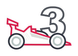An applique of a race car and the number three  for birthday by snugglepuppyapplique.com