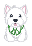 An applique design of a west highland terrier dog wearing a bow with its tongue out