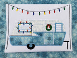 Christmas Camper applique embroidery design, retro camper with christmas lights and wreath, snugglepuppyapplique.com