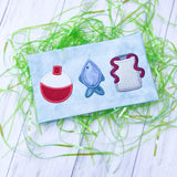 Fishing bobber, fish and can of worms applique Trio Embroidery Design by snugglepuppyapplique.com