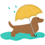 April Dachshund applique embroidery design, umbrella, rain, snugglepuppyapplique.com