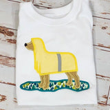 April Labrador applique embroidery design, Lab in profile wearing a raincoat and standing in a puddle, snugglepuppyapplique.com
