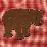 bear applique embroidery design, bear is walking away with head turn back, snugglepuppyapplique.com