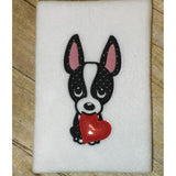 Boston Terrier applique embroidery design, stylized with heart in mouth, valentine applique design, snugglepuppyapplique.com