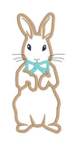 An appliqué of an upright rabbit wearing a bowtie by snugglepuppyapplique.com