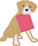 Boxer with Notebook back to school appliqué embroidery design, snugglepuppyapplique.com