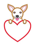 A Valentine applique of a chihuahua with its paws on a heart shape by snugglepuppyapplique.com