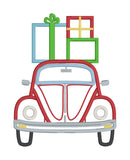 An applique of a bug car with presents on the roof by snugglepuppyapplique.com