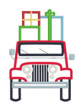 An applique of a jeep with presents on top by Snugglepuppyapplique.com