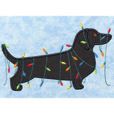 December Dachshund applique embroidery design, dog wrapped in Christmas lights, snugglepuppyapplique.com