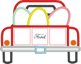 Easter eggs in the back of a pickup truck applique embroidery design by snugglepuppyapplique.com