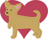 Chihuahua Valentine applique embroidery Design, a large heart behind a chihuahua with one front paw up, snugglepuppyapplique.com