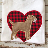 Labrador Valentine applique embroidery Design, Large heart behind a Labrador holing a letter in his mouth, snugglepuppyapplique.com