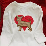 Chihuahua Valentine applique embroidery Design, a large heart behind a chihuahua with one front paw up, snugglepuppyapplique.com