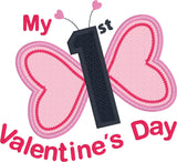 baby's first Valentine's Day applique embroidery design.  Butterfly with heart wings and a number one as it's body, snugglepuppyappliuqe.com