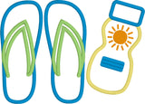 Flip Flops and sunblock applique embroidery design by snugglepuppyappilque.com