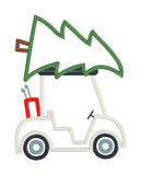 An applique of a Golf cart with a Christmas tree on top by snugglepuppyapplique.com