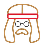 An applique of a hippy man with round glasses and a bandana headband by snugglepuppyapplique.com