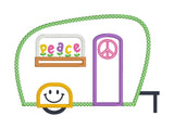 An applique of a camper with a piece sign on the door, smiley face on the fender and flowers spelling "peace" by snugglepuppyapplique.com