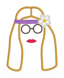 An applique of a hippy woman with a headband and flower and round glasses by snugglepuppyapplique.com