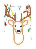 an applique of a Buck with christmas lights tangled in his antlers by snugglepuppyapplique.com