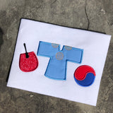 An applique Trio depicting Korean with a fan, hanbok and ying and yang by snugglepuppyapplique.com