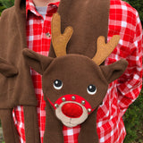 An in the hoop reindeer scarf with a bridle and real jingle bells embroidery design by snugglepuppyapplique.com