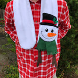 In the hoop snowman scarf wearing top hat with holly and scarf embroidery design by snugglepuppyapplique.com