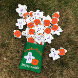 In the hoop Ghosts with upper case letters and Pumpkins with lower case letters.  Both snap together to create words  by snugglepuppyapplique.com