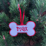 In the hoop dog bone personalized Christmas ornament by snugglepuppyappliqe.com