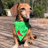An in the hoop cinco de Mayo pet bandana with a chili pepper. says "mild stuff" by snuggleupuppyappliquqe.com