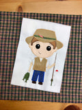 Fisherman boy applique embroidery design, boy with fish and fishing rod, hat and vest, snugglepuppyapplique.com