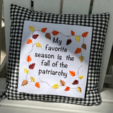 Embroidrery design of fall leaves framing the words "my favorite season is the fall of the patriarchy" by snugglepuppyapplique.com