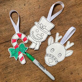 Set of 3 ITH Christmas Ornaments, candy cane, snowman and reindeer to color with permanent markers, embroidery design software by snugglepuppyapplique.com