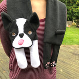 In the hoop Boston Terrier scarf machine embroidery design by snugglepuppqappliqe.com