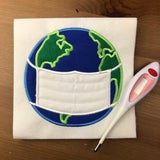 Pandemic earth wearing a surgical mask applique  embroidlery design by snugglepuppyapplique.com