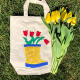 Tulips in Boots spring applique embroidery design by  snugglepuppyapplique.com