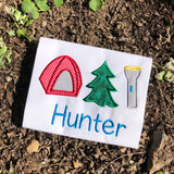 Camping Trio with dome tent, evergreen tree and flashlight applique embroidery design by snugglepuppyapplique.com