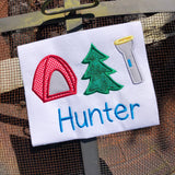 Camping Trio with dome tent, evergreen tree and flashlight applique embroidery design by snugglepuppyapplique.com