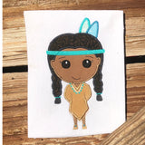 Native American girl thanksgiving applique embroidery design, Stylized girl with large head has her hands behind her back, braids, headband and two feathers, dress with fringe and necklace