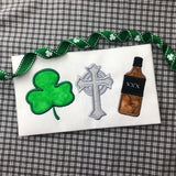 Irish Trio shamrock clover, Celtic Cross, Whisky, applique embroidery design by snuggle puppyapplique.com