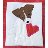 Jack Russell holding heart in his mouth applique embroidery design, snugglepuppyapplique.com