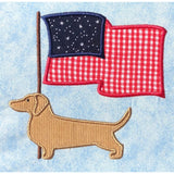 July Dachshund applique embroidery design, Dachshund in profile with American or Canadian Flag behind him fluttering in the breeze